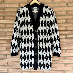 Vintage Leslie Fay Black Gray Diamond Argyle Long Button Cardigan Shoulder Pads